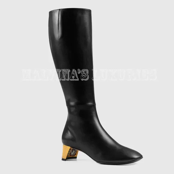 GUCCI BOOTS TALL ARIELLE GOLD MOON CRYSTAL HEEL BLACK LEATHER sz 37.5 7.5